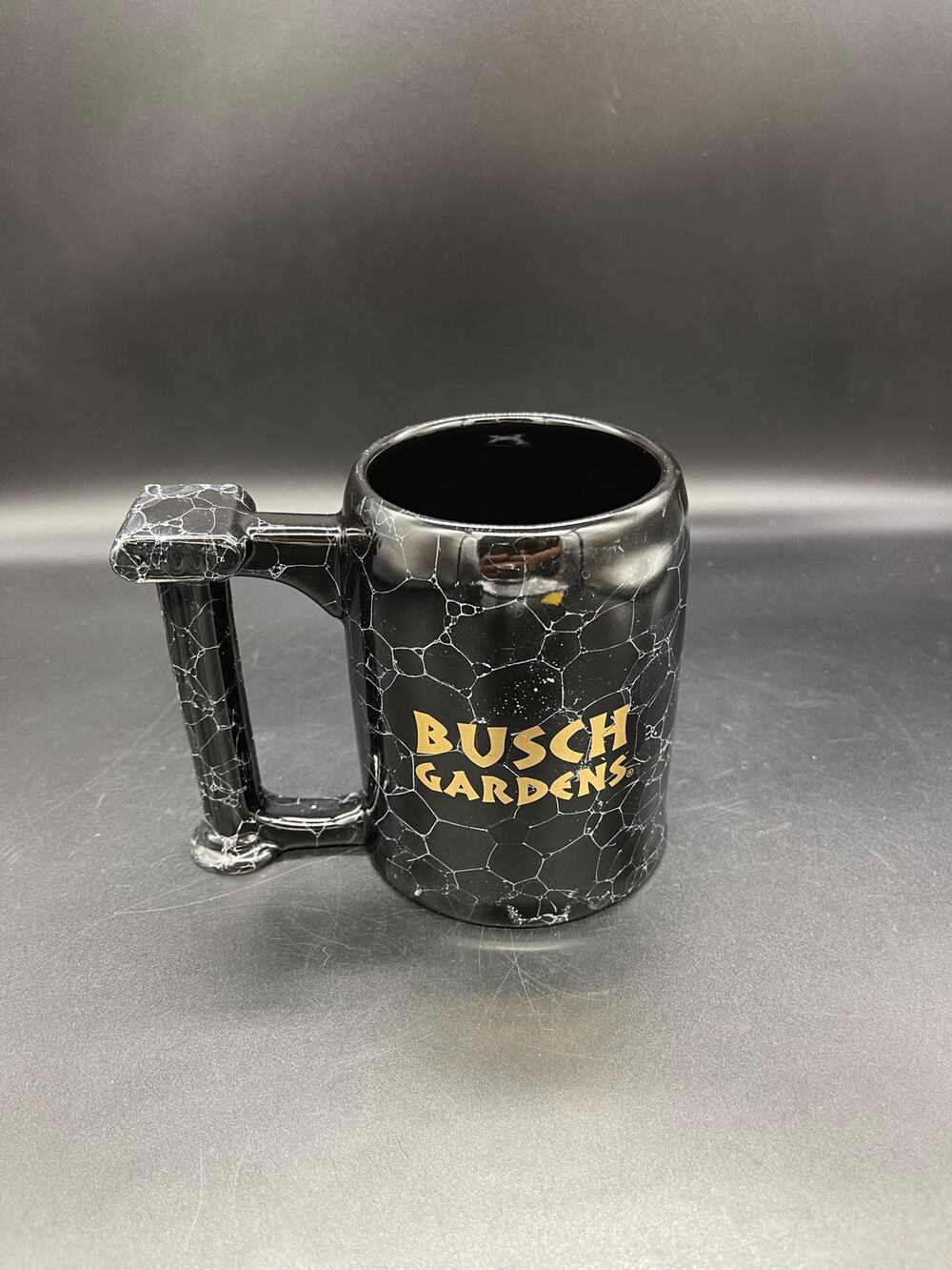 Busch Gardens Ceramic Black & Whie Marble Style Mug with Gold Lettering 4.75"